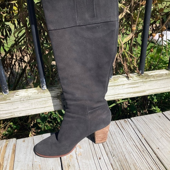 Cole Haan Davenport Tall Black Pebbled Nubuck Leather Stacked Block Heel Boots - Picture 4 of 9